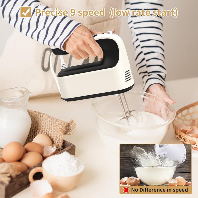 Yomelo 9-Speed Digital Hand Mixer Electric, 400W Powerful DC Motor, Hand Mixer Electric Handheld with Snap-On Storage Case, 5 Stainless Steel Accessories, Beaters, Dough Hooks, Whisk(Creamy/Black) - Image 4